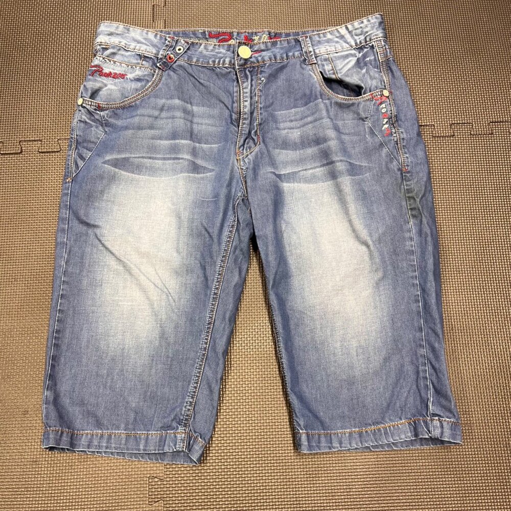 Mens Denim Shorts Size 36 By Pokeps Casualwear Faded Light Wash With Stitch Deta